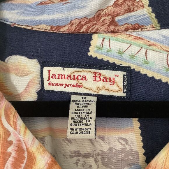 Jamaica Bay Vintage Navy Seashell Postcard Coastal Tropical Hawaiian Shirt 1X - Picture 6 of 12